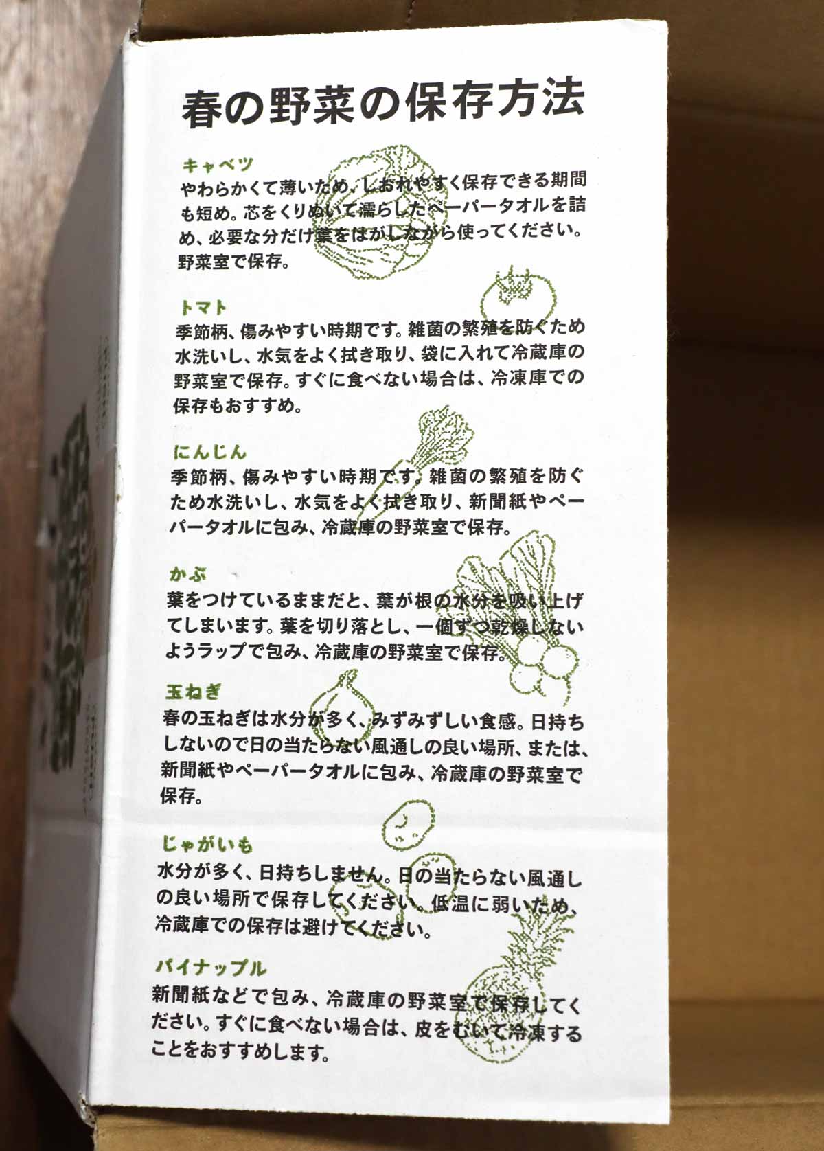 箱に記載されている野菜の保存方法