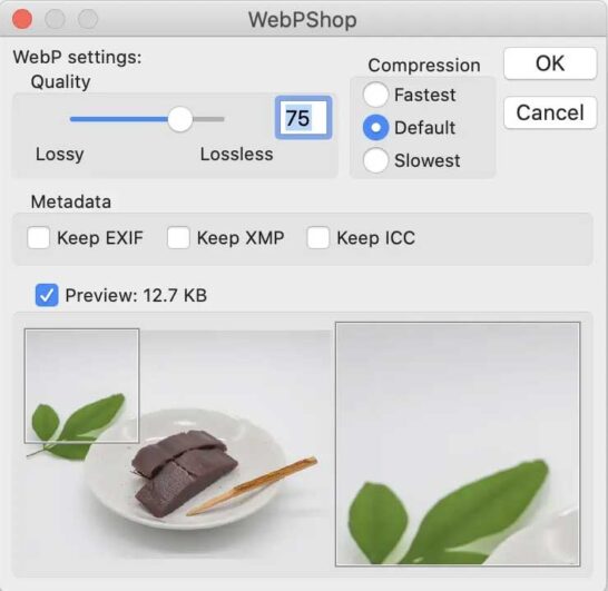 WebP形式の設定画面